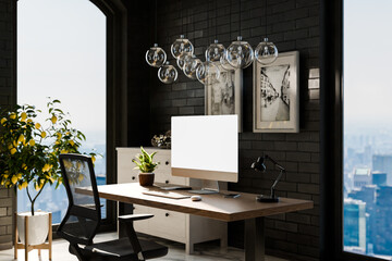 view from angle on modern clean pc workplace; white monitor with copy space; minimalist office background with panoramic view on big city skyline; digital home office concept; 3D rendering