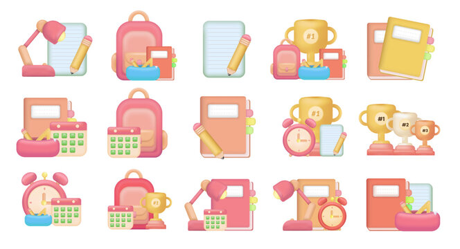 Education 3D vector icon set. Back to school collection of set element 