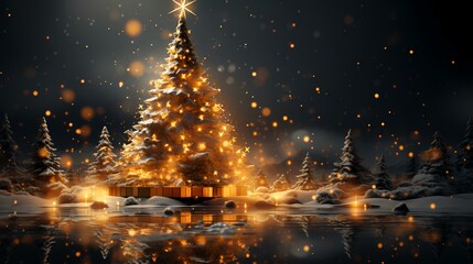 Fototapeta na wymiar Radiant Festivity: Christmas Tree with Star Sparkle Particle Yellow Glow