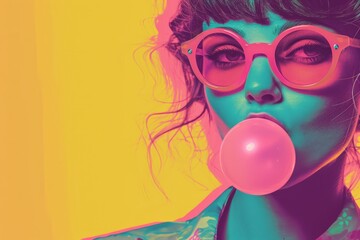 a pulp portrait of a young girl blowing a bubble  gum , posing on camera, nostalgic retro 80s mood - obrazy, fototapety, plakaty