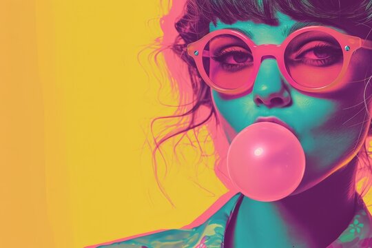 a pulp portrait of a young girl blowing a bubble  gum , posing on camera, nostalgic retro 80s mood