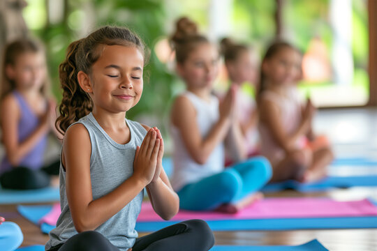Children Learn Yoga on Mats. Children's yoga class. Charging At The Day Care Centre
