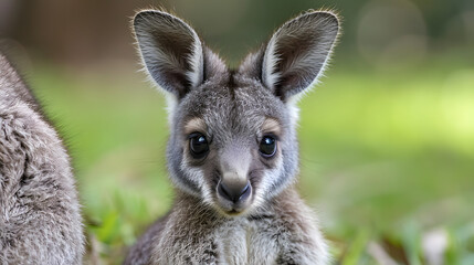 Fototapeta premium portrait of a kangaroo, an adorable image of a baby kangaroo peeking out from its mother's pouch, symbolizing maternal love and protection