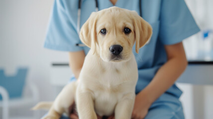 Golden retriever puppy at the veterinarian. Veterinary examination of dog