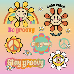 Vector set with stickers in groovy style.