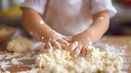 Fototapeta na wymiar Child's Hands Kneading Dough on Kitchen Counter