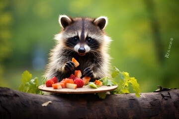 Funny raccoon eating strawberry, berry in plate, plate on table, cute fluffy animal looking at camera, paws holding strawberries - obrazy, fototapety, plakaty