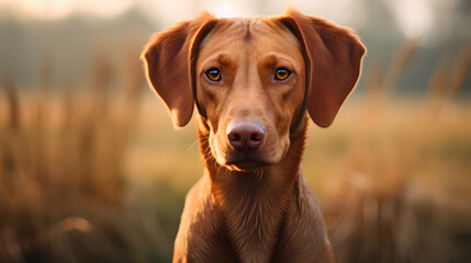 Portrait of a Brown Dog at Sunset in a Field