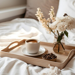 Wooden tray with coffee and interior decor on the bed with white linen. Copyspace image, aesthetic photography
