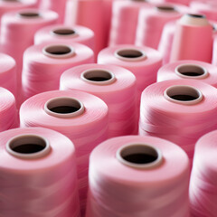 a group of pink spools of thread