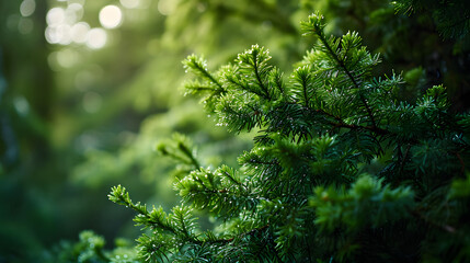 Fototapeta na wymiar Sunlit Dew Drops on Fresh Green Pine Branches Closeup Nature Background