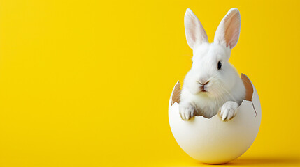 white bunny sitting inside egg shell. Banner easter day

