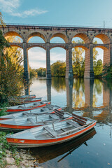 Railway Bridge with river in Bietigheim-Bissingen, Germany. Autumn. Railway viaduct over the Enz...