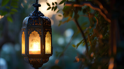 Lantern Hanging in a Peaceful Garden at Dusk - Serene Outdoor Illumination