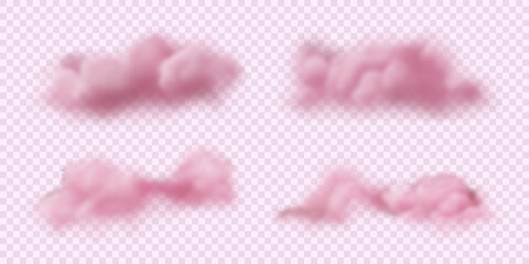 Set of realistic pastel colored pink clouds. Fluffy liquid sky icons isolated on transparent backdrop