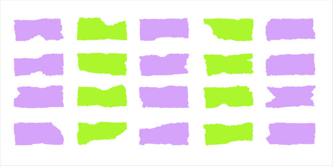 Vector icons of text boxes with ribbed edges. Purple and green colored wavy torn rectangles on white backdrop