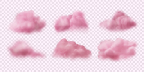 Set of vector realistic fluffy pink clouds. 3d soft sky isolated on transparent backdrop