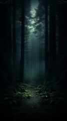 Naklejka premium Fog in the misty woods at night in the dark scary park