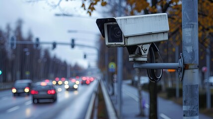 Security video camera on the road fines for speeding fast cars	 - obrazy, fototapety, plakaty
