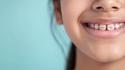 Beautiful smile of a girl with braces on her teeth on blue background, straight teeth using orthodontic technologies. Advertising dentistry, orthodontic services	