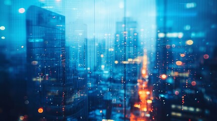 Office buildings in blue lights at dusk, in the style of contemporary glass, bokeh, light turquoise and gold, abstraction-creation, luxurious textures, lens flares, stylish