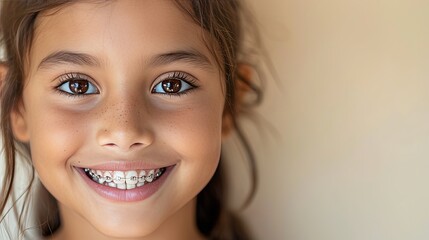 Indian young girl 8 years old in braces smiles happily. Taking care of dental health, oral hygiene	 - obrazy, fototapety, plakaty