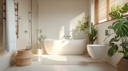 Modern white bathroom interior with toilet, plants, mirrror and carpet