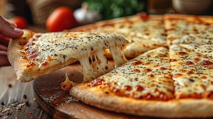 Four cheese pizza with stretchy dripping cheese, mozzarella, parmesan, gorgonzola and emmental with stretchy dripping cheese, tomato sauce, holds in hand - obrazy, fototapety, plakaty