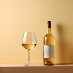 Bottle and glass of white wine on a beige background.