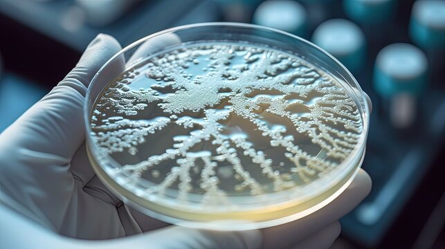 Petri Dish with in laborant's hand, penicillin fungi in microbiology laboratory. Science medical topic