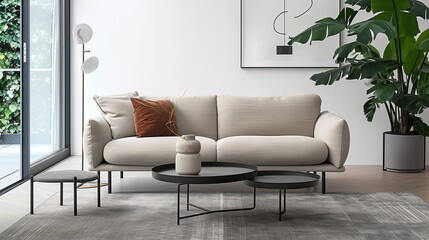 Trendy modern living room interior design with sofa and tables in minimalistic Danish design with natural colors