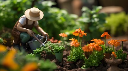 gardener planting flowers in garden bed