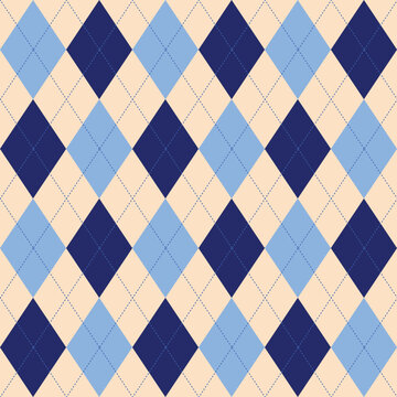 Argyle design in blue repeats seamless pattern, traditional geometric vector argyll for sweater, jumper, autumn winter classic fashion textile print, fabric texture background.