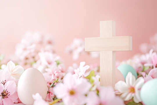 Wooden cross with spring flowers and easter eggs against tender pink background. Religion background. Religious church holiday. Easter and Palm Sunday concept