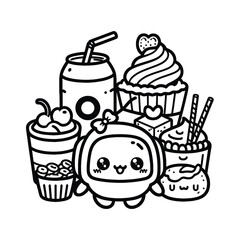 kawaii food coloring page Vector doodle illustration with Hand-drawn kids coloring food Vector illustration.