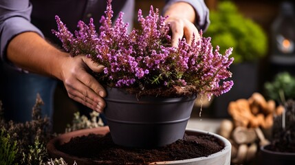 gardeners hand planting heather flowers in pot with soil