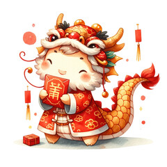 Adorable Cartoon Dragon in Traditional Chinese Attire Celebrating New Year