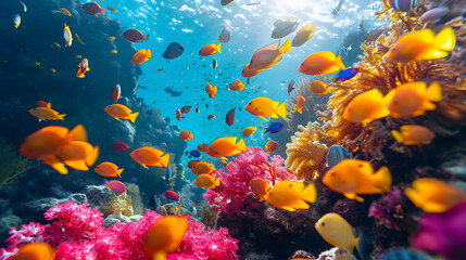 Naklejka na ściany i meble coral reef in the sea, colorful fish swimming through a vibrant coral reef, displaying the wonders of marine biodiversity