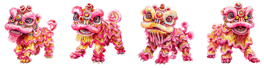 Obraz na płótnie Canvas Watercolor lion dance, set. Chinese New Year. 