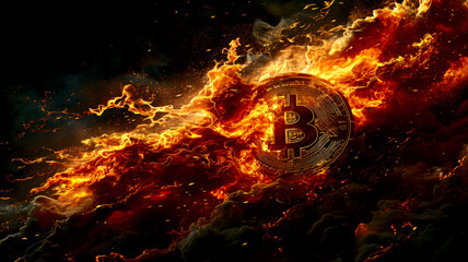 Golden Bitcoin engulfed in flames - rising price concept