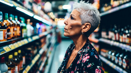 Middle aged woman choosing alcohol in a shop - obrazy, fototapety, plakaty
