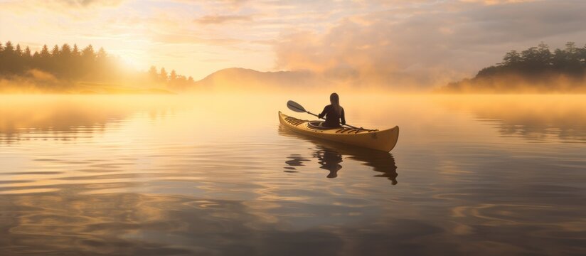 canoeist practicing on a lake at sunset.