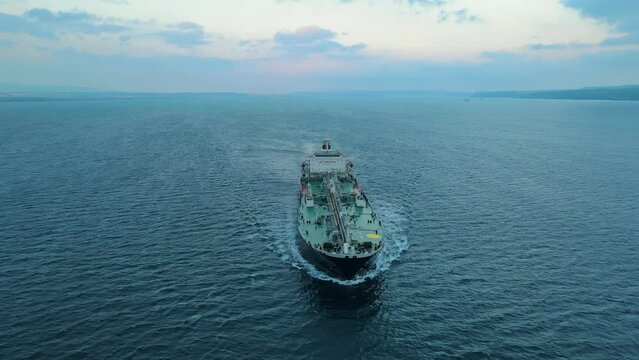 Oil tanker carrier ship sailing through Dardanelles Strait. Cargo vessel in Turkish strait, worldwide logistic