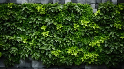 Green eco wall concept. Green ornamental plant on stone wall background. Sustainable building. Close to nature. Exterior architecture for decorative garden. Eco-friendly building. Clean environment. 