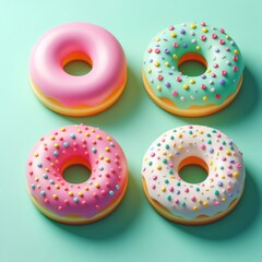 Colorful delicious donuts on a pastel mint background. Tasty dessert food for coffee break concept in minimalism style. Wide screen wallpaper. Panoramic web banner with copy space for design.
