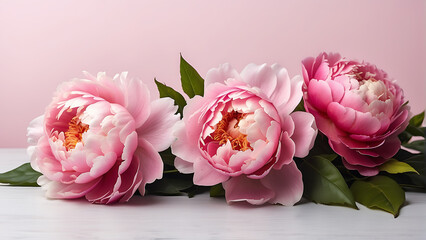 Delicate floral arrangement of pink peonies on a light background. Close-up photo