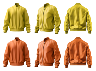 2 Set of yellow orange mustard, unisex bomber jacket with full zip zipper collar, front back side view on transparent background cutout, PNG file. Mockup template for artwork graphic design.
