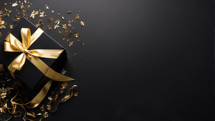 Elegant black gift box with golden ribbon on black background. Flat lay