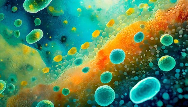 the abstract painting depicts bacteria under the microscope showcasing the microcosmic world in a way that is both intriguing and aesthetically pleasing 