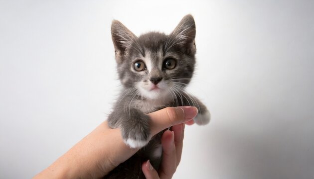 a little gray kitten was held in a human hand carefully shot in a studio 